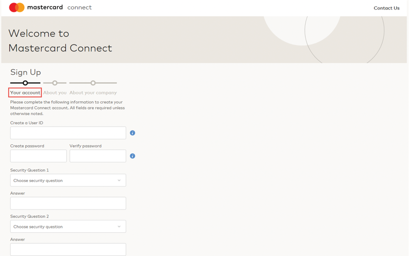 A screenshot showing the MC Connect new user sign up form