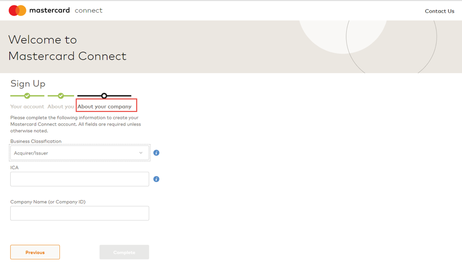 A screenshot showing the About Your Company form of the Mastercard Connect New User Sign Up